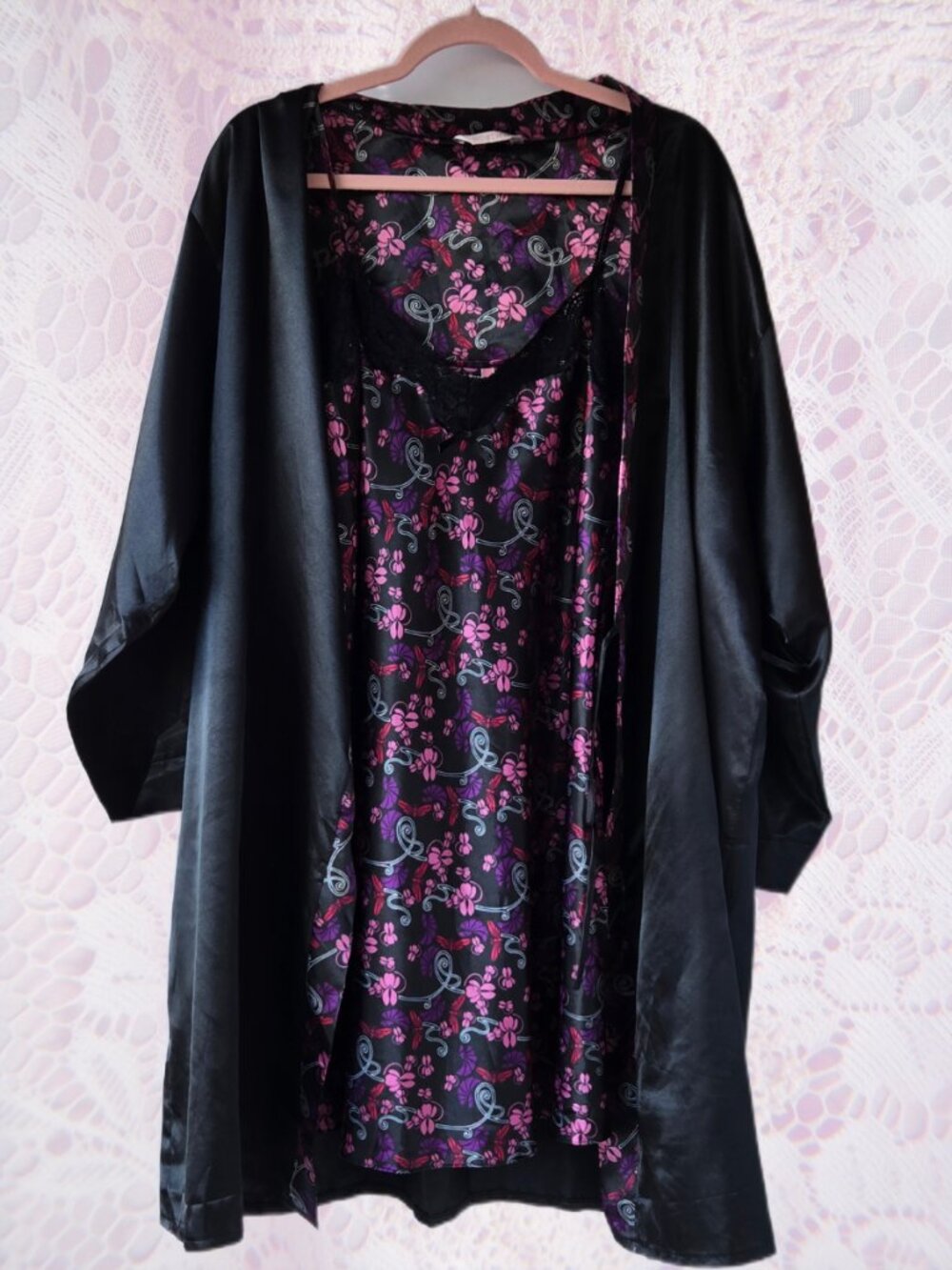 Sorbet 2-Piece Black Satin and Floral Slip Dress Nightie and Robe Set Floral